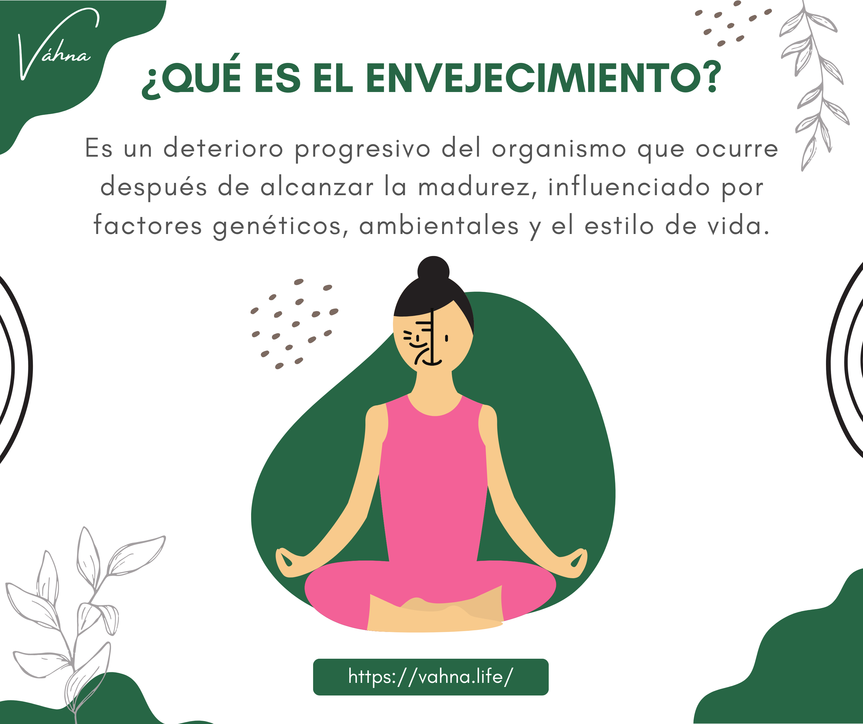 Definición del envejecimiento, mostrando a una mujer en posición de meditación con la mitad derecha de la cara joven y la izquierda envejecida.